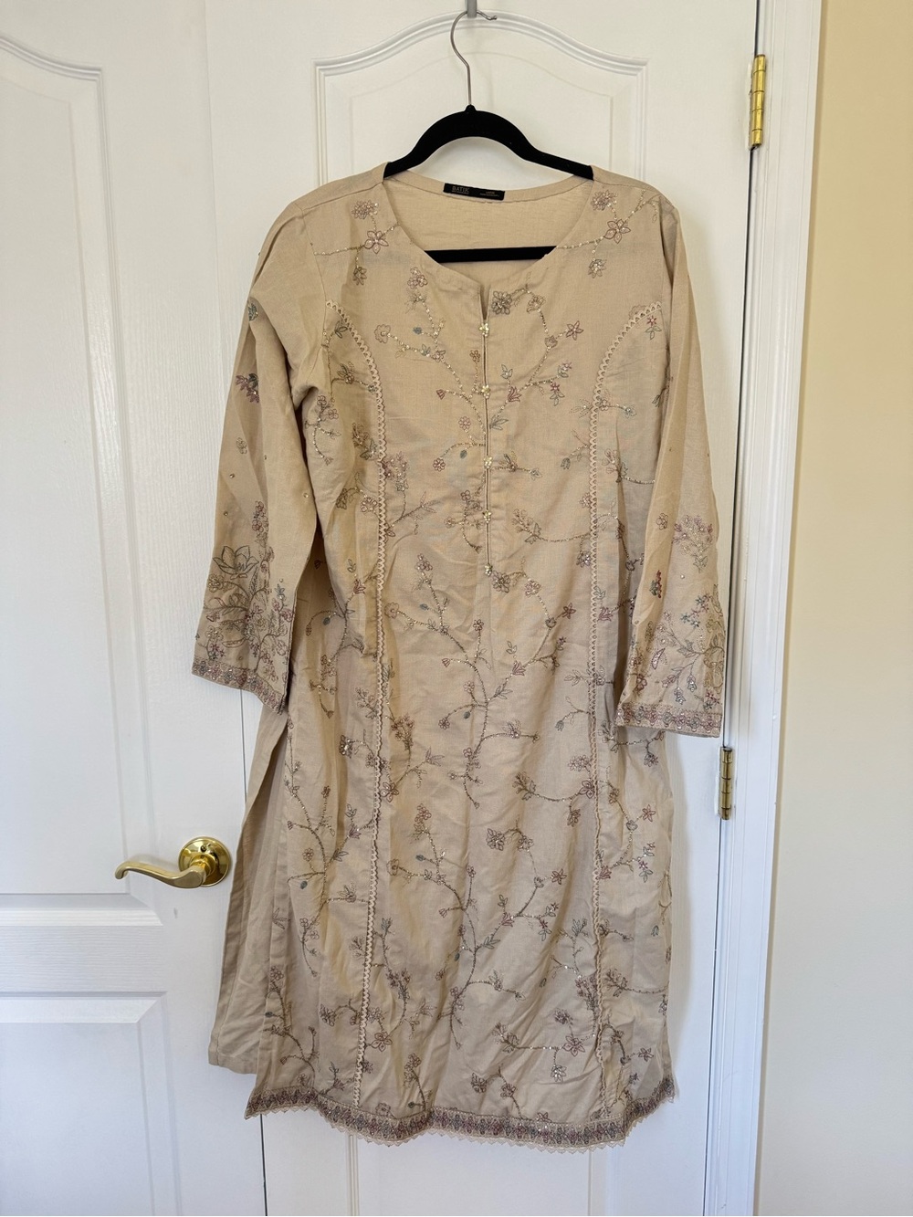 Beige Embroidered Long-Sleeve Women’s Dress by